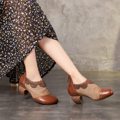 Bequeme Leder Pumps Crave Muster Ankle Schuhe Plateau Halbschuhe Gelbbraun/Schwarz