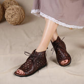 Handgemachte Retro-Schnürsandalen für den Sommer, offene Zehenpartie, Kaffee/Schwarz/KaffeeNeu/SchwarzNeu