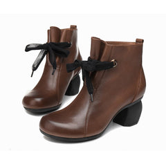 Zapatos de tacón de bloque auténticos hechos a mano, estilo retro, con punta redonda y sin cordones, para oficina, color marrón y negro.