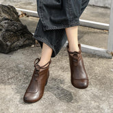 Retro Round Toe Ankle Boots Block Heels Back Zipper Coffee/Black