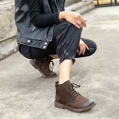 Botines de nobuk hechos a mano, estilo retro, con punta redonda, color café/negro