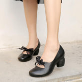 Chunky Pumps Genuine Comfy High Heel Mary Jane Knot Tied Black/Apricot
