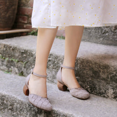 Chunky Pumps Elegant Cowhide High Heel Shoes Mary Jane Sandals Grey/Coffee/Pink