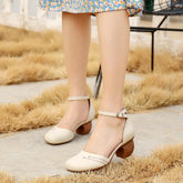 Handgemachte Pumps Mid Heel Mary Jane Sandalen Runde Zehen Retro Schnalle Sandalen Schwarz/Beige