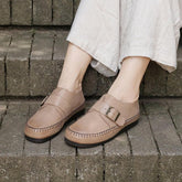 Retro Genuine Soft Flats Round Toe Buckle Design Apricot/Coffee