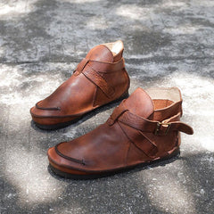 Retro Echte weiche flache Stiefel Runde Zehenschnalle Mori Girl Style Wide Fit Braun/Schwarz/Khaki