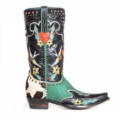 Botas de mujer con remaches bordados retro y bloques de color