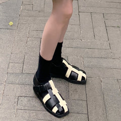 Retro Beach Color Block Woven Flat Sandals