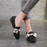 Handgemachte echte Schuhe mit quadratischer Spitze, flacher Sohle, Seidenschleife, Grau/Schwarz
