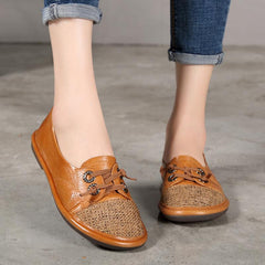 Handgemachte Leinen Mix Loafers Flache Schuhe Slip Ons Braun/Grün