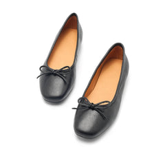 Bow-Detail Round Toe Vegetable Tanned Sheepskin Ballerina Shoes