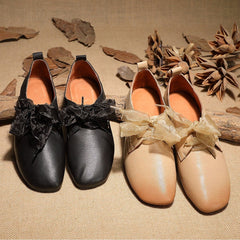 Sweet Lace Tie Flats Soft Walking Oxford Shoes Beige/Black