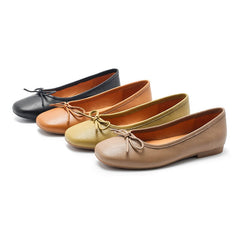Bow-Detail Round Toe Vegetable Tanned Sheepskin Ballerina Shoes