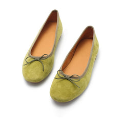 Bow-Detail Round Toe Suede Sheepskin Ballerina Shoes
