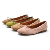 Bow-Detail Round Toe Suede Sheepskin Ballerina Shoes