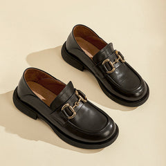 Retro Flat Loafers Plaid Genuine Platform Shoes Round Toe Metal Chain Slip on Handmade