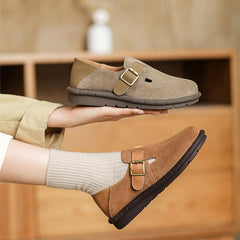 Buckle-fastening Soft Shoes Retro Suede Loafers