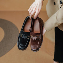 Suede Loafers Block Heel with Butterfly Details