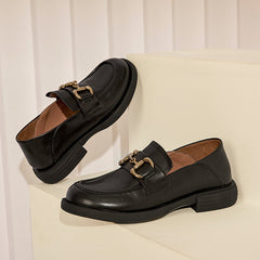 Retro Flat Loafers Plaid Genuine Platform Shoes Round Toe Metal Chain Slip on Handmade