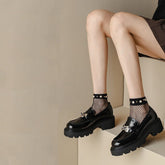 Chunky Loafers Smooth Genuine Platform Shoes Round Toe Metal Chain Details
