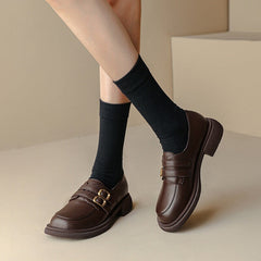 Retro Block Heel Loafers Round Toe with Double Buckle