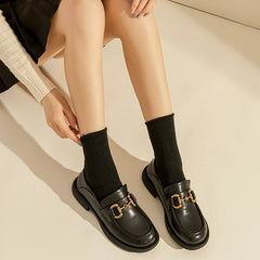 Retro Flat Loafers Plaid Genuine Platform Shoes Round Toe Metal Chain Slip on Handmade