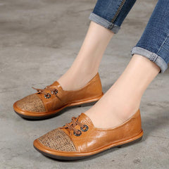 Handgemachte Leinen Mix Loafers Flache Schuhe Slip Ons Braun/Grün