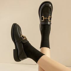 Retro Flat Loafers Plaid Genuine Platform Shoes Round Toe Metal Chain Slip on Handmade