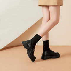 Mocasines gruesos, zapatos de plataforma genuinos lisos, punta redonda, cadena de metal, sin cordones, hechos a mano