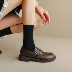 Retro Block Heel Loafers Round Toe with Double Buckle
