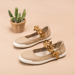 Handmade Flat Mary Jane Flowers Round Toe Apricot/Beige