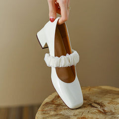 Handgemachte Patent Mary Jane Pumps Blockabsatz Büroschuhe Bud Seide dekorieren