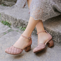 Chunky Pumps Elegant Cowhide High Heel Shoes Mary Jane Sandals Grey/Coffee/Pink