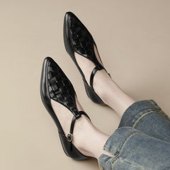 Gewebte Gladiator-Sandalen mit T-Riemen, Mary Jane-Schuhe, spitze Zehenpartie