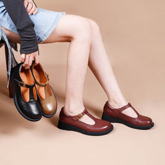 Handgemachte Retro T Strap Mary Jane Runde Zehe Win Rot/Schwarz/Khaki