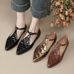 Gewebte Gladiator-Sandalen mit T-Riemen, Mary Jane-Schuhe, spitze Zehenpartie