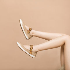 Handmade Flat Mary Jane Flowers Round Toe Apricot/Beige