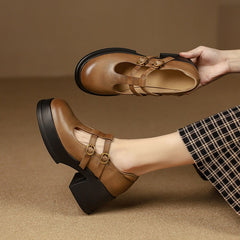 Double T Strap Mary Jane Shoes Round Toe 70mm Block Heel