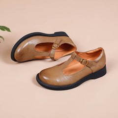 Handgemachte Retro T Strap Mary Jane Runde Zehe Win Rot/Schwarz/Khaki