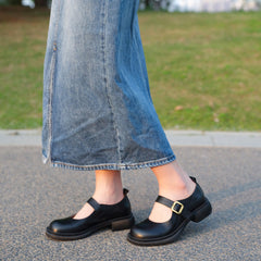 Handgemachte Retro Pumps Mary Jane Runde Zehenpartie Schnallen Schwarz