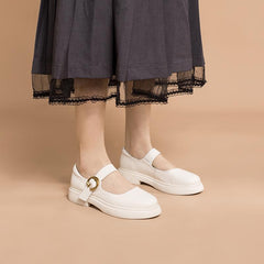 Handgemachte flache Mary Janes mit runder Spitze, Weiß/Braun/Schwarz