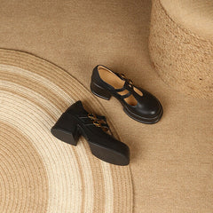 Double T Strap Mary Jane Shoes Round Toe 70mm Block Heel