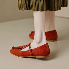 Handgefertigte Mary-Jane-Schuhe mit T-Riemen und Quastendetail, quadratische Zehenpartie