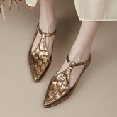 Woven Gladiator Sandals T Strap Mary Jane Flats Point Toe