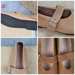 Handgemachte Mary Jane Schuhe aus Kalbsleder, runde Zehenpartie, weiche Sohle, Schnalle, zum Reinschlüpfen, Schwarz/Beige/Blassgelb