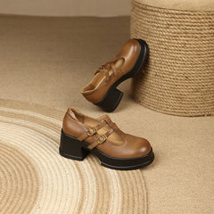 Double T Strap Mary Jane Shoes Round Toe 70mm Block Heel
