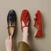 Handgefertigte Mary-Jane-Schuhe mit T-Riemen und Quastendetail, quadratische Zehenpartie