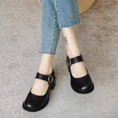 Handmade Pumps Mary Jane Heels Sandalss Round Toe Retro Velcro Sandals Black/Brown