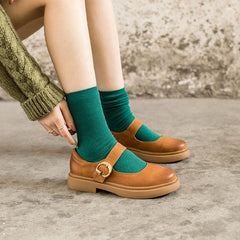 Handgemachte flache Mary Jane Schuhe im Retro-Wachsstil, runde Zehenpartie, Braun/Schwarz/Kaffee