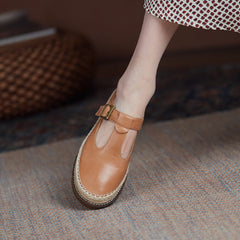 Handgemachte Mary Jane Schuhe mit flachem Riemen Braun/Gules/Schwarz